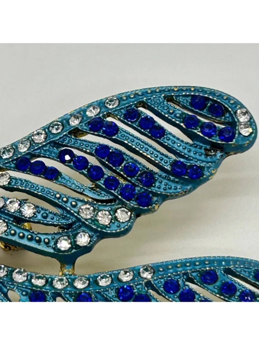 Dragonfly Brooch Articulated Tail Blue Teal Rhinestones Statement 5 inch Insect